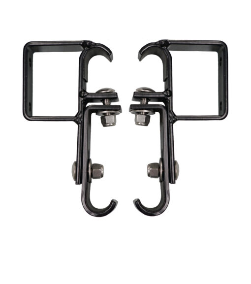 a pair of black metal hooks