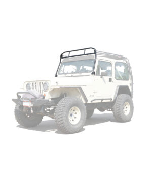 a white jeep with a black rack