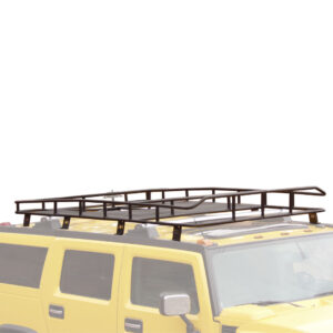 a yellow vehicle with a metal rack on top