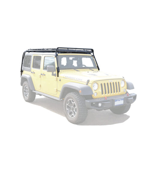 a yellow jeep with a rack on it