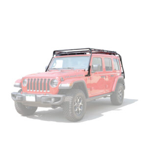 a red jeep with a rack on top