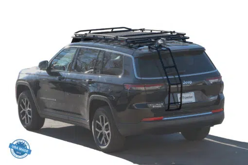 Jeepgrandcherokeel 3 row with ladder scaled <b>jeep grand cherokee l<br></b> low-profile 3-row roof rack<font color ="dodgerblue"><br>multi light no sunroof - stealth</font>