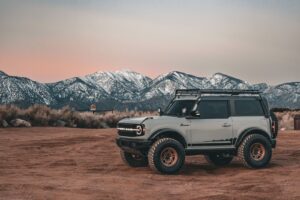 Grey Ford Bronco on Mountain Adventure with GOBI Racks Roof Rack